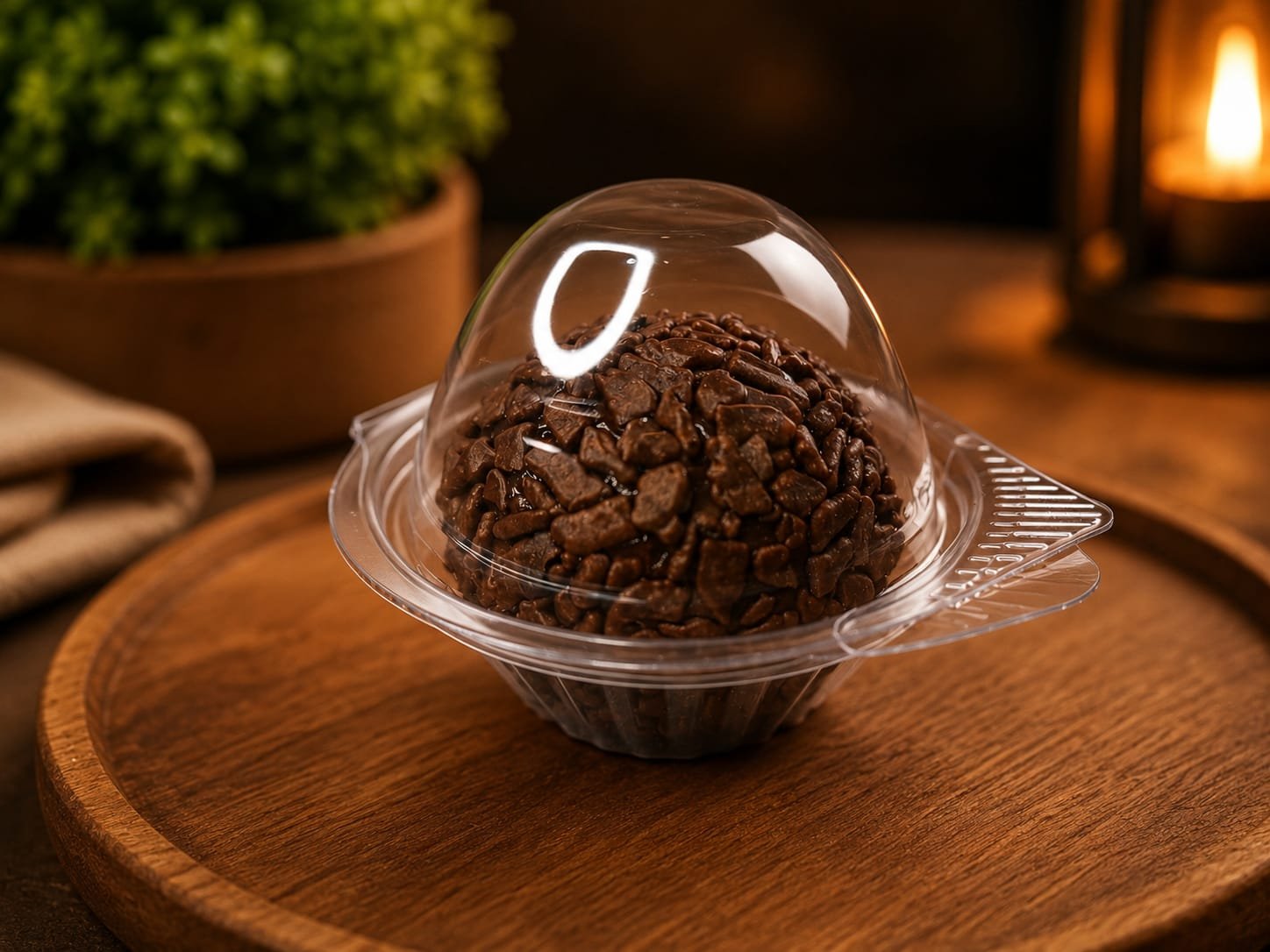 Brigadeiro embalado individualmente em cúpula transparente