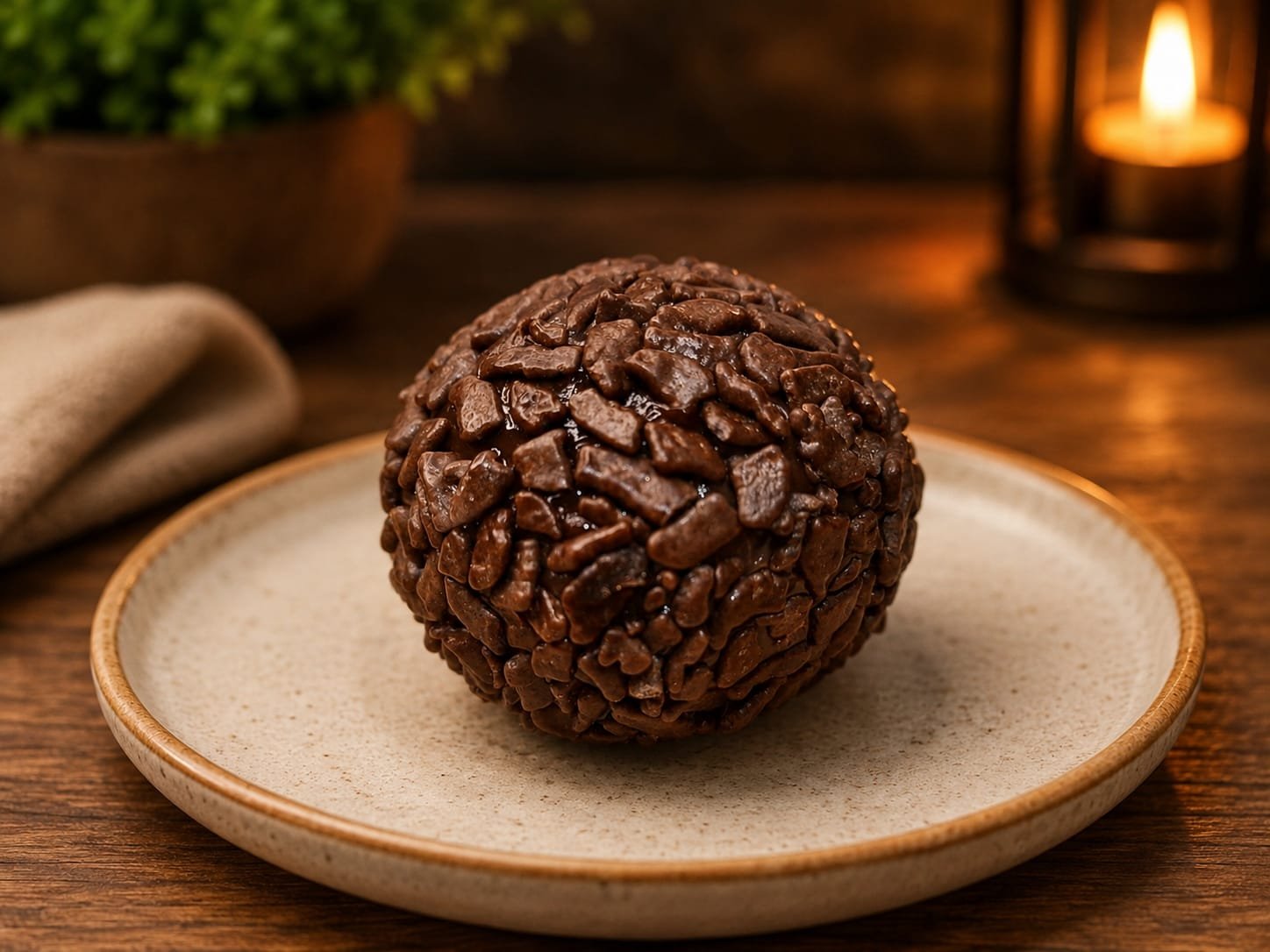 Brigadeiro de chocolate inteiro, servido em prato de cerâmica