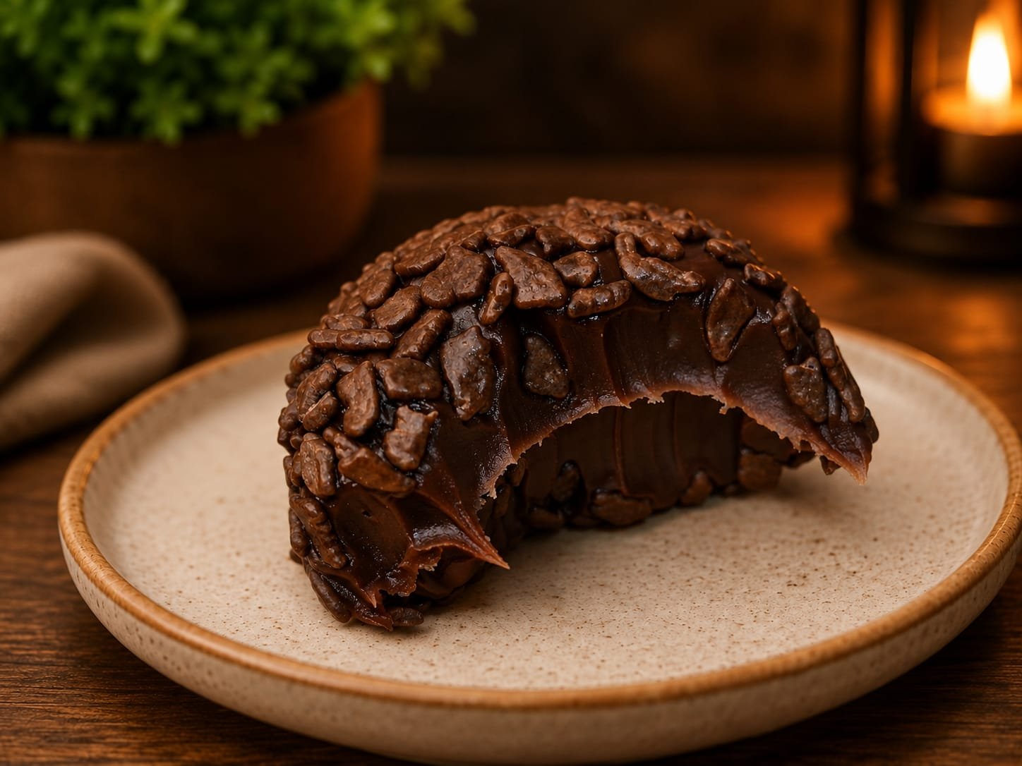 O mesmo brigadeiro após a primeira mordida, revelando o interior cremoso