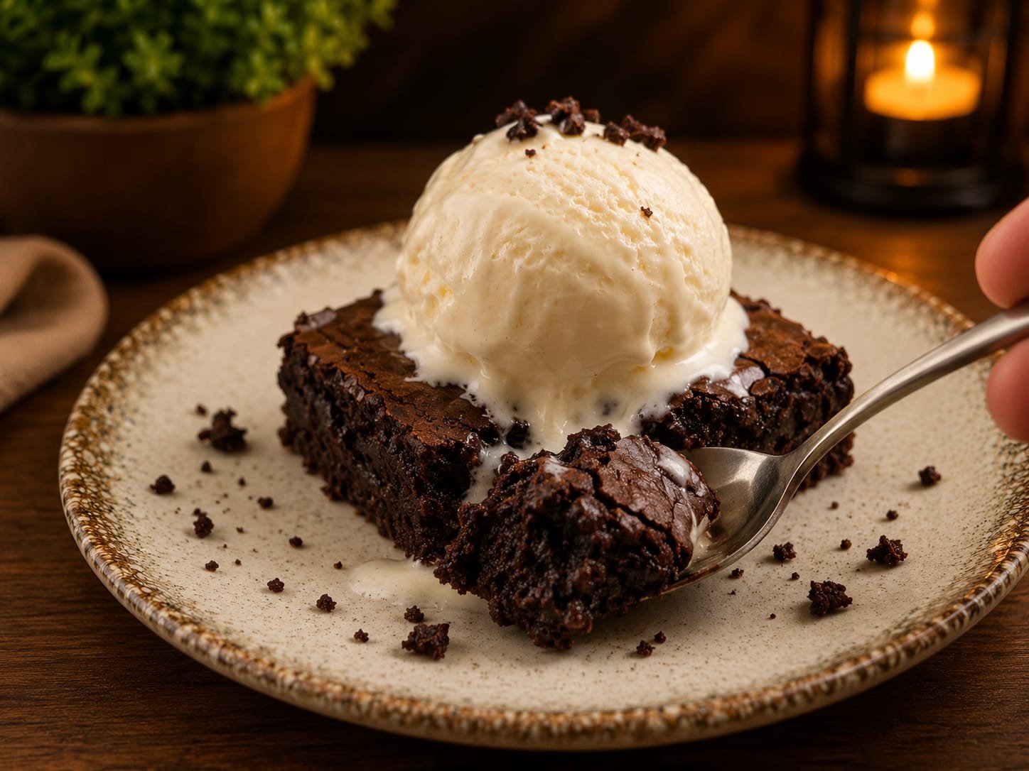 Brownie com sorvete sendo servido com colher