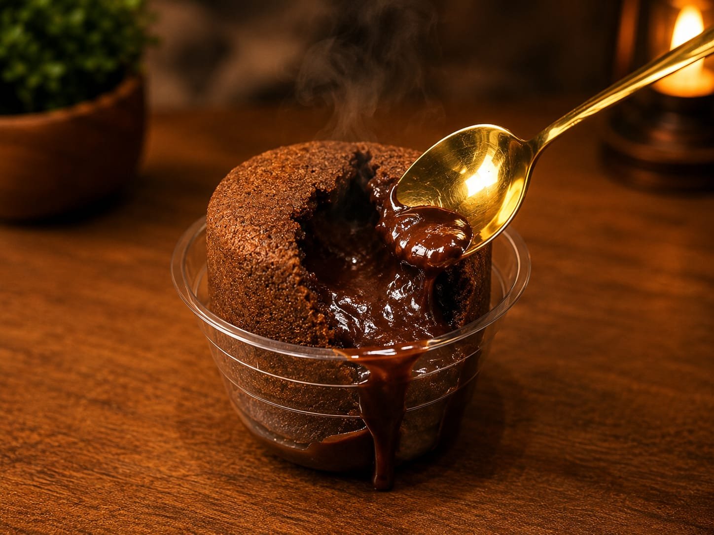 Colher retirando o recheio derretido do petit gâteau