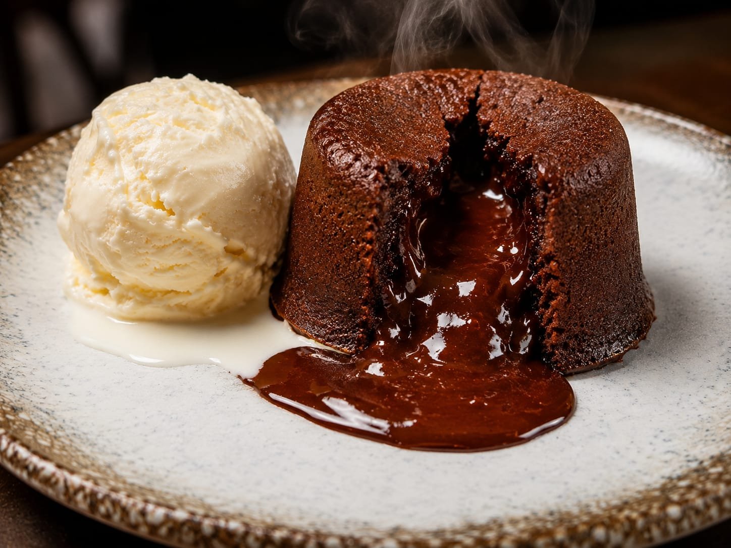 Petit gâteau de chocolate com recheio derretido e sorvete de creme